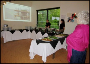 Buffet-style meal, with slide-show presentation