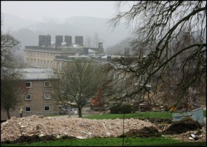 2017 - The rubble of the demolished Swithen Hostel, set against a background of the former College Campus and the Mansion.