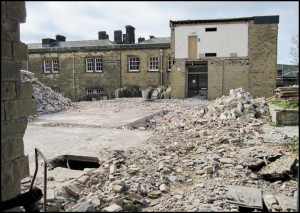 View of the main building after removal of the link bridge