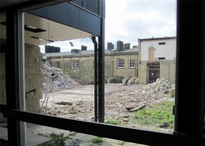 View of the main building from inside the College Library.