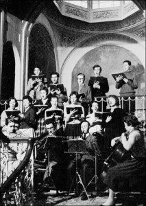 1959 Performance of Mozart's Ave Verum Corpus - presented on the flyover overlooking Pillar Hall. Image by David Wigley.