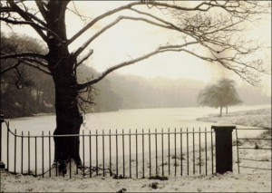 Upper lake covered in ice during the Winter of 1958