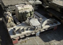 Temporary storage of the keystone of King's Head Hostel, one of the Lion Heads and one of the Savile crests.